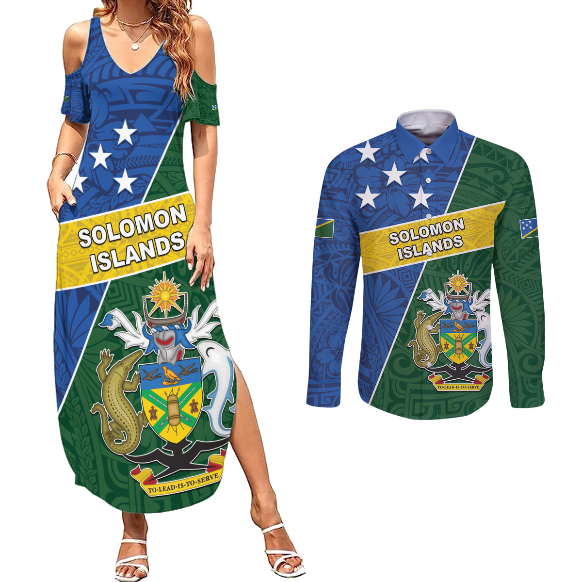 Personalised Solomon Islands Independence Day Couples Matching Summer Maxi Dress and Long Sleeve Button Shirt With Coat Of Arms