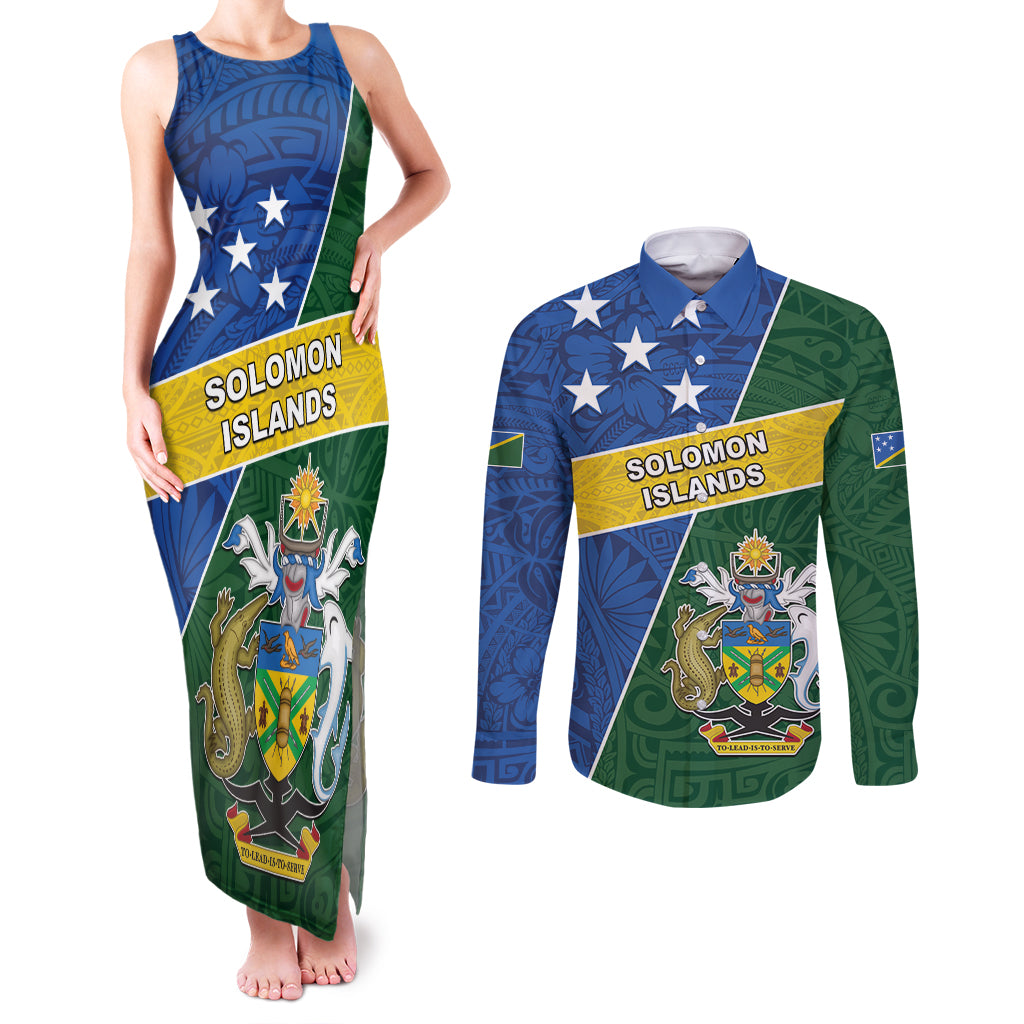 Personalised Solomon Islands Independence Day Couples Matching Tank Maxi Dress and Long Sleeve Button Shirt With Coat Of Arms