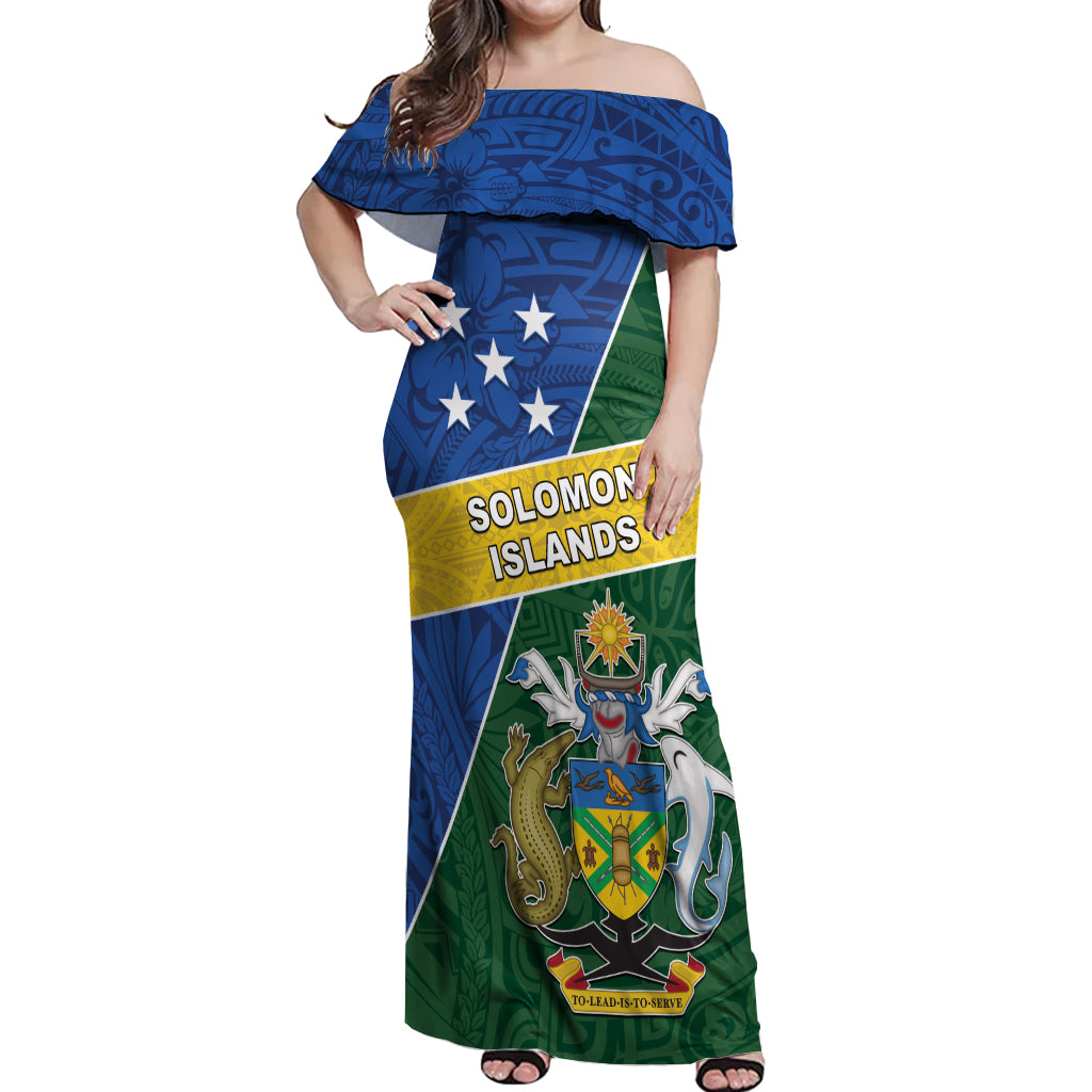 Personalised Solomon Islands Independence Day Off Shoulder Maxi Dress With Coat Of Arms