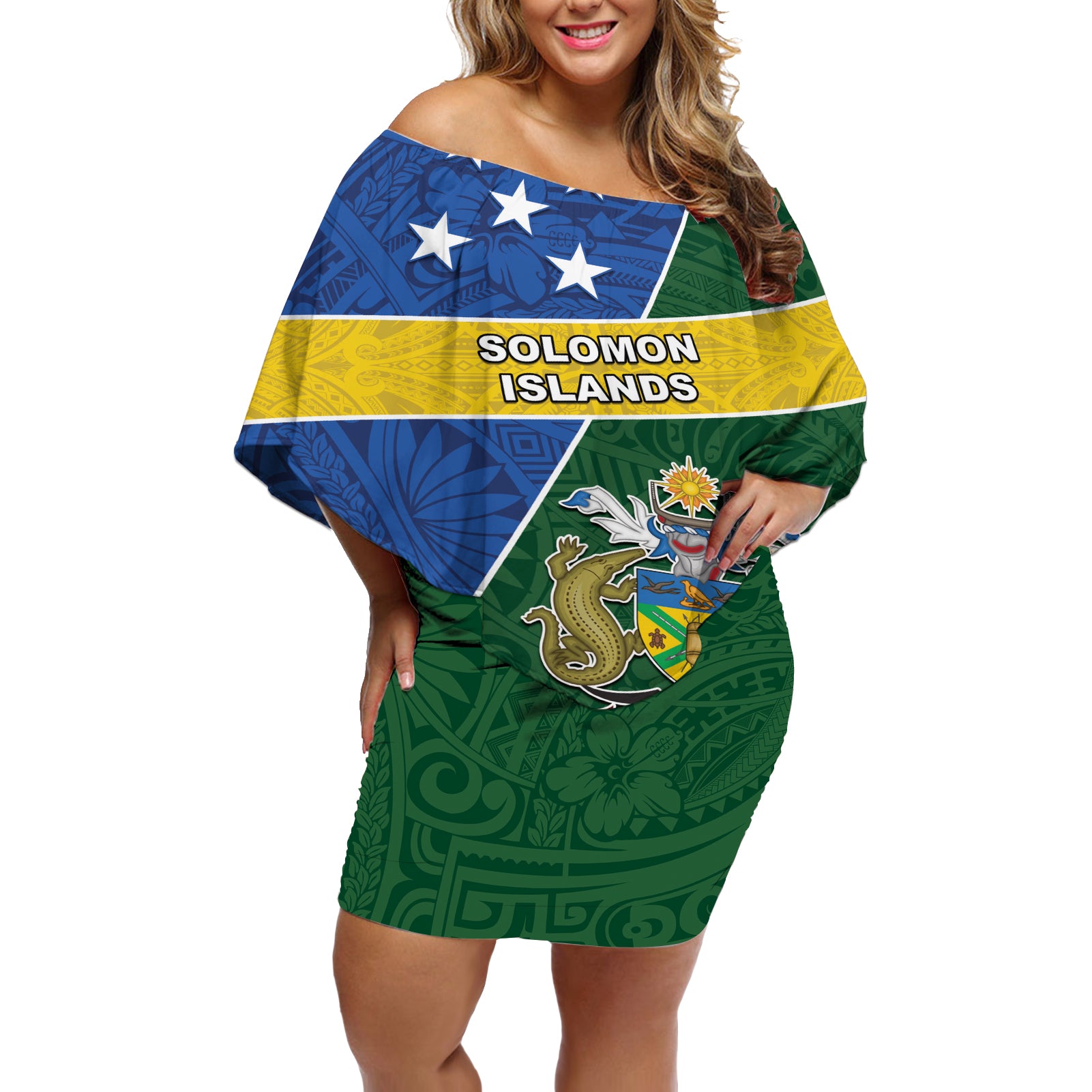 Personalised Solomon Islands Independence Day Off Shoulder Short Dress With Coat Of Arms