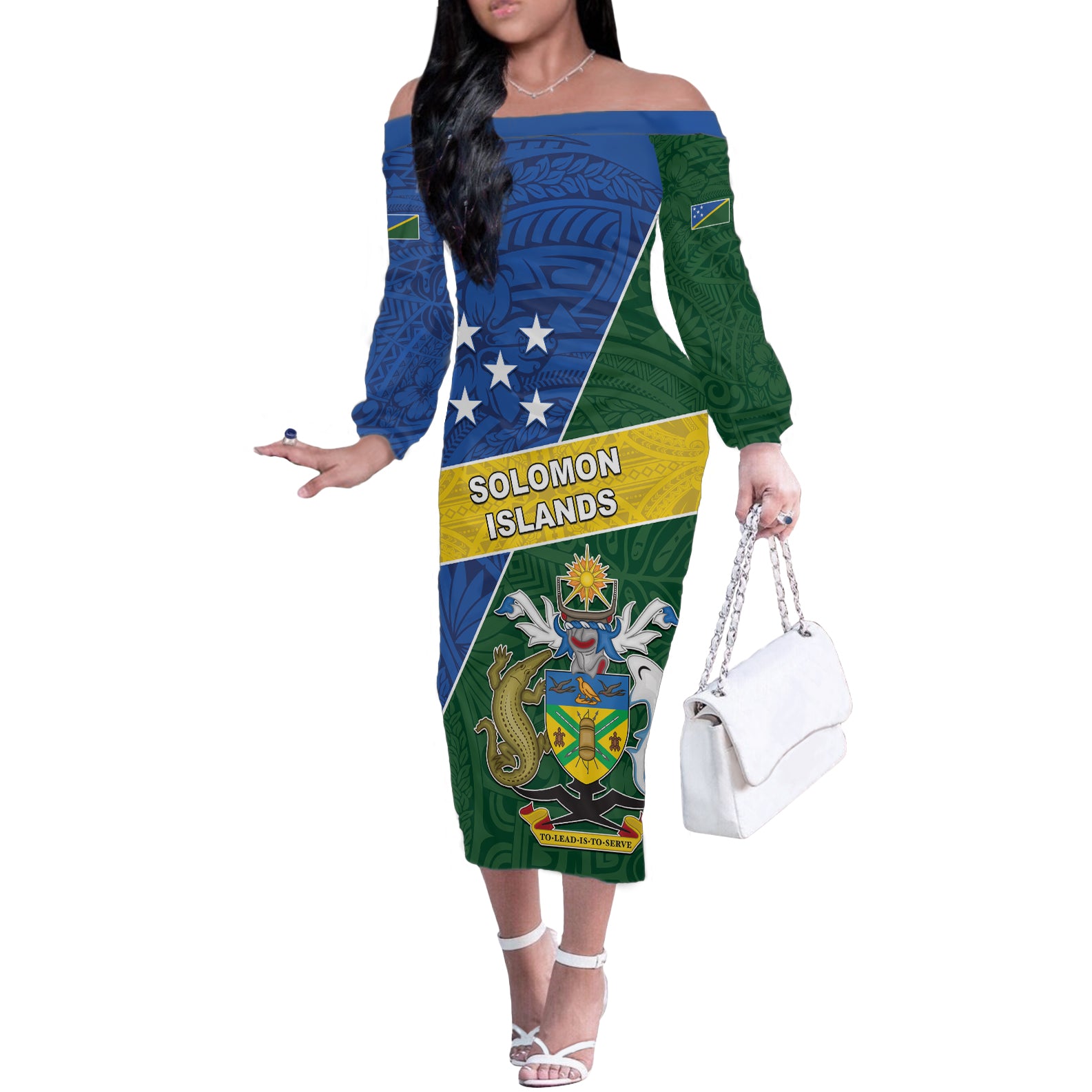 Personalised Solomon Islands Independence Day Off The Shoulder Long Sleeve Dress With Coat Of Arms