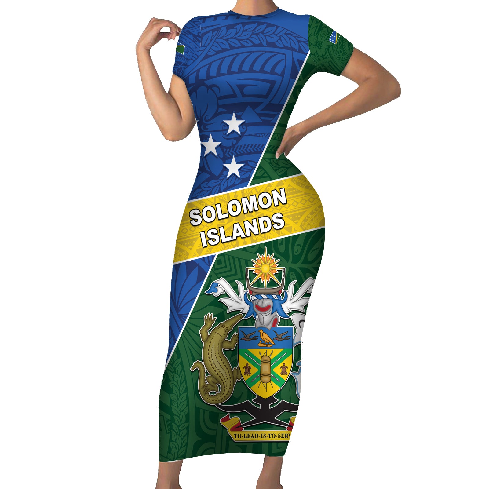 Personalised Solomon Islands Independence Day Short Sleeve Bodycon Dress With Coat Of Arms