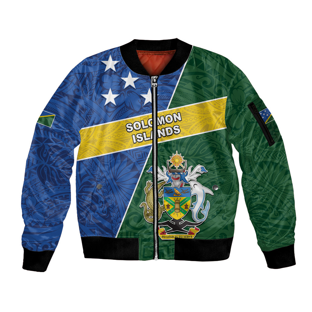 Personalised Solomon Islands Independence Day Sleeve Zip Bomber Jacket With Coat Of Arms LT05 Unisex Green - Polynesian Pride
