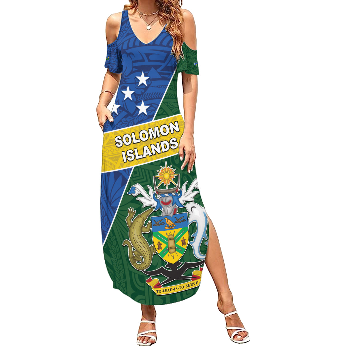 Personalised Solomon Islands Independence Day Summer Maxi Dress With Coat Of Arms