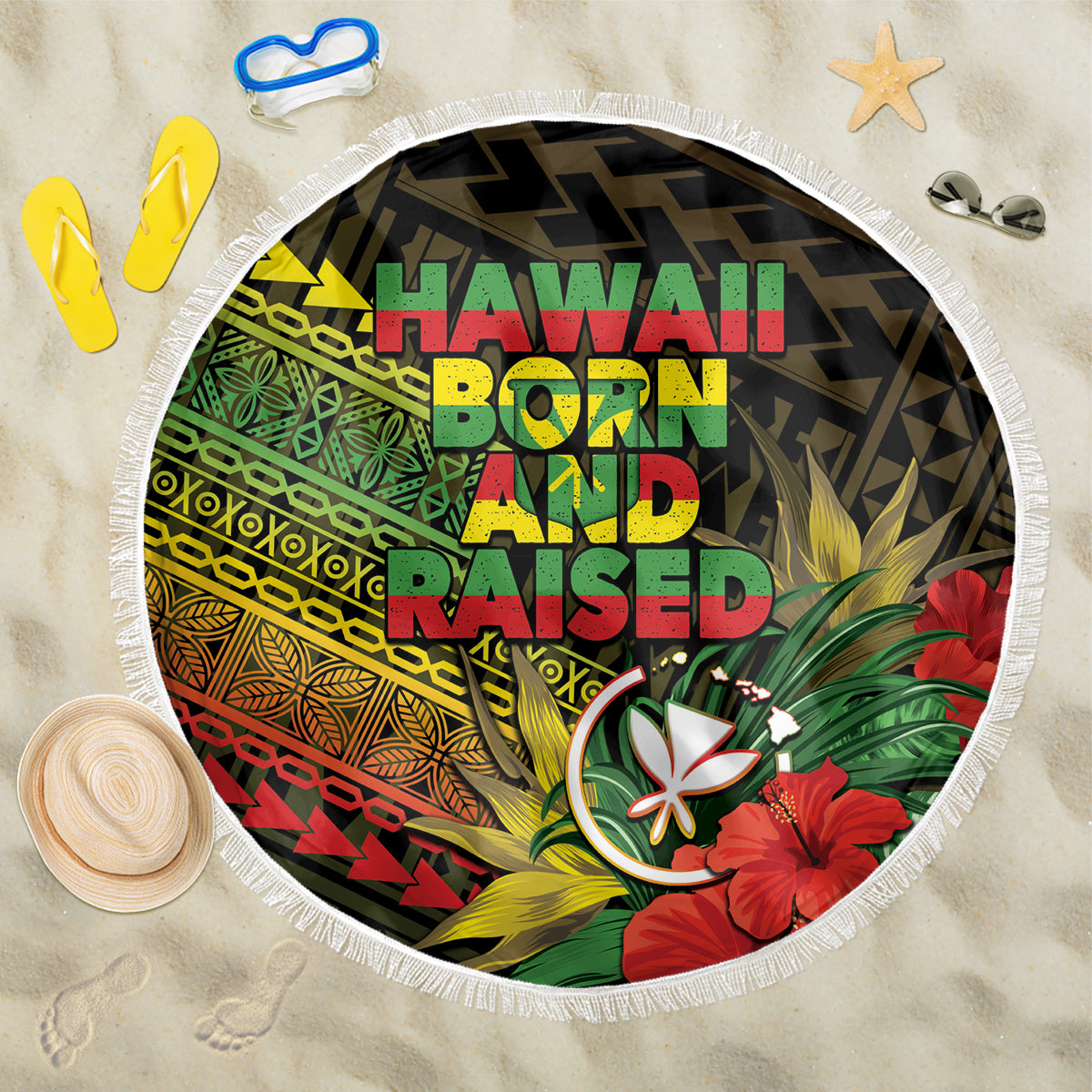 Hawaii Born and Raised Beach Blanket Kanaka Maoli Flag Day LT05 One Size 150cm Reggae - Polynesian Pride