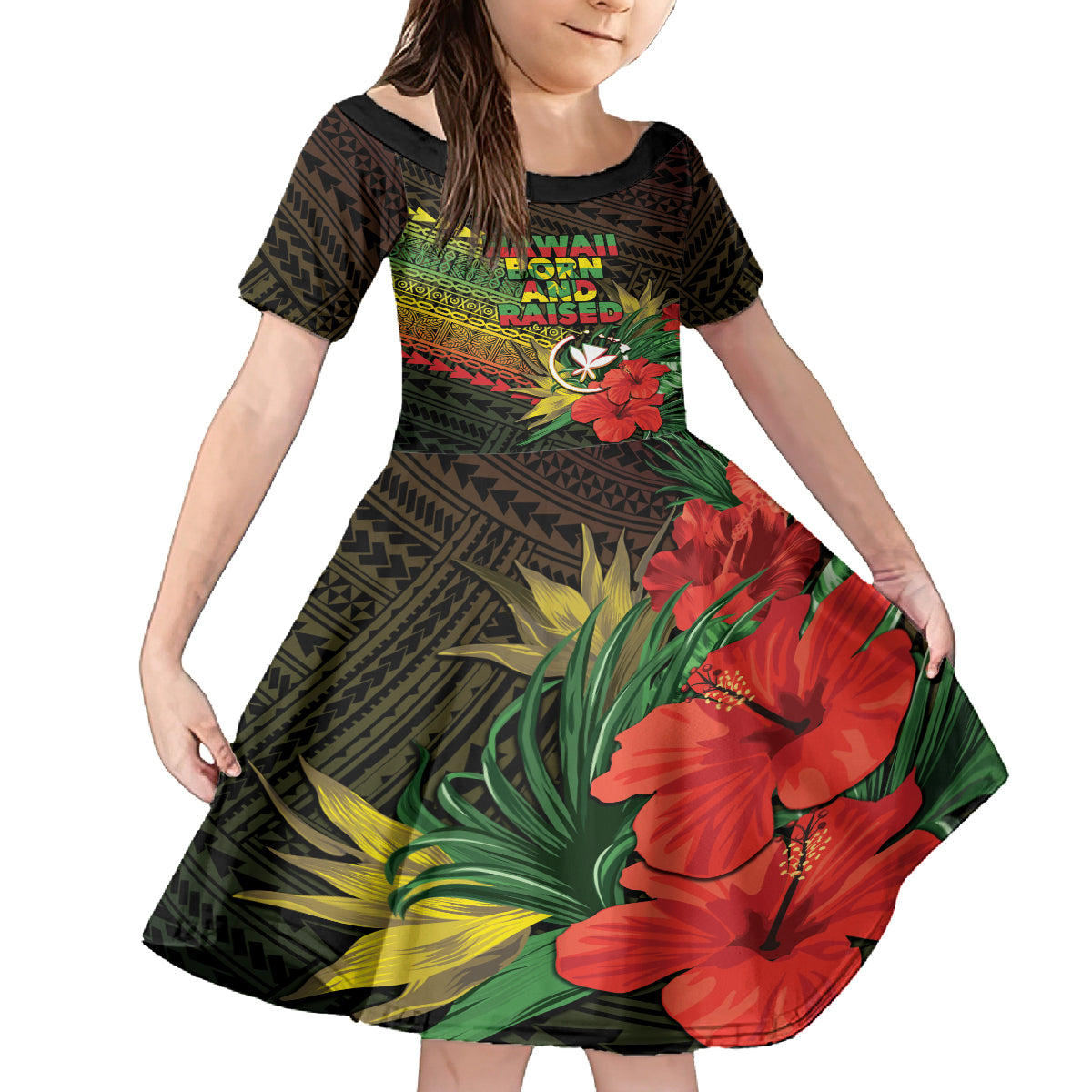 Personalized Hawaii Born and Raised Kid Short Sleeve Dress Kanaka Maoli Flag Day LT05 KID Reggae - Polynesian Pride