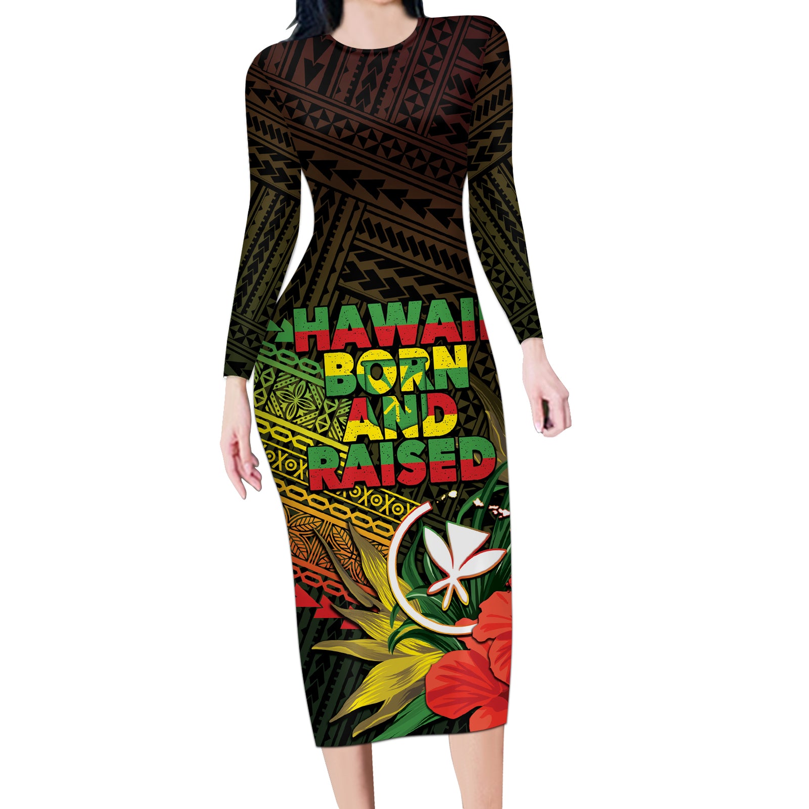 Personalized Hawaii Born and Raised Long Sleeve Bodycon Dress Kanaka Maoli Flag Day LT05 Long Dress Reggae - Polynesian Pride