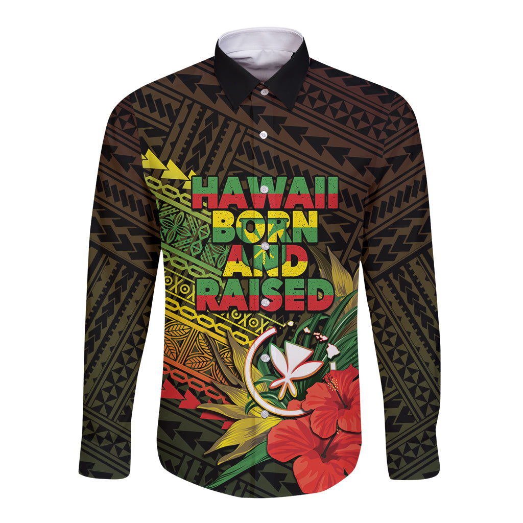 Personalized Hawaii Born and Raised Long Sleeve Button Shirt Kanaka Maoli Flag Day LT05 Unisex Reggae - Polynesian Pride