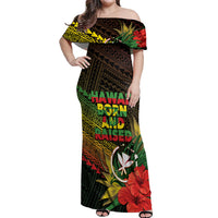 Personalized Hawaii Born and Raised Off Shoulder Maxi Dress Kanaka Maoli Flag Day LT05 Women Reggae - Polynesian Pride