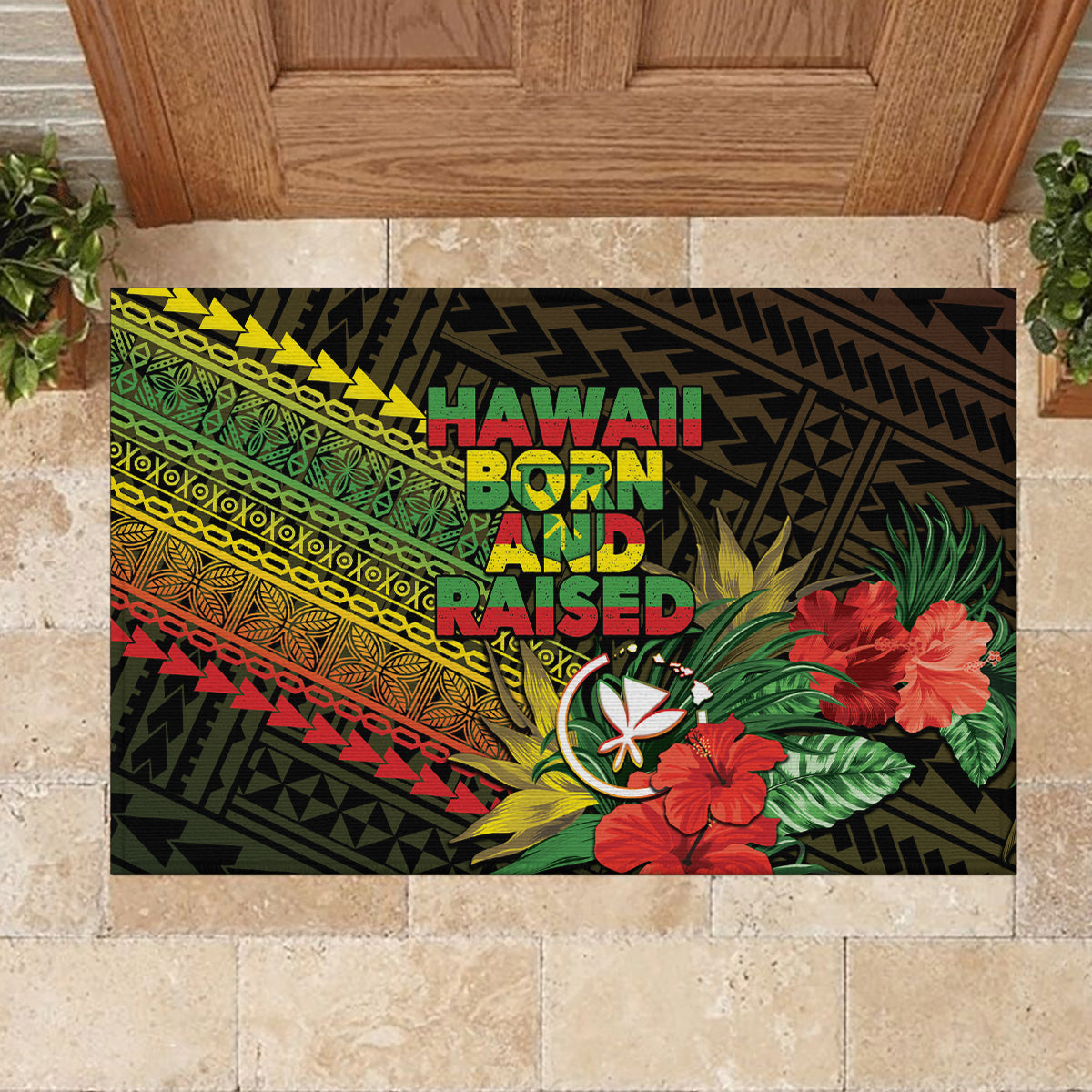 Hawaii Born and Raised Rubber Doormat Kanaka Maoli Flag Day LT05 - Polynesian Pride