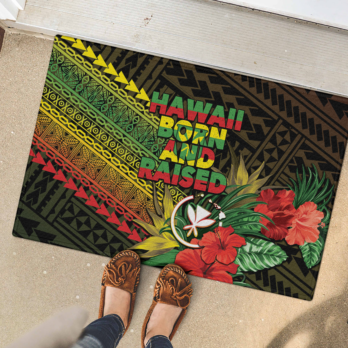 Hawaii Born and Raised Rubber Doormat Kanaka Maoli Flag Day LT05 - Polynesian Pride