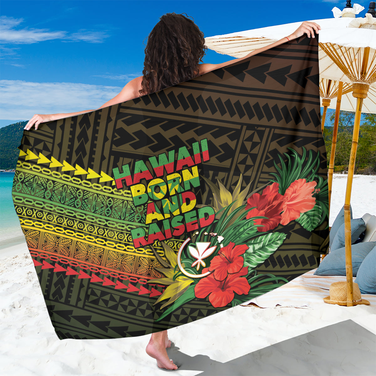 Hawaii Born and Raised Sarong Kanaka Maoli Flag Day LT05 One Size 44 x 66 inches Reggae - Polynesian Pride
