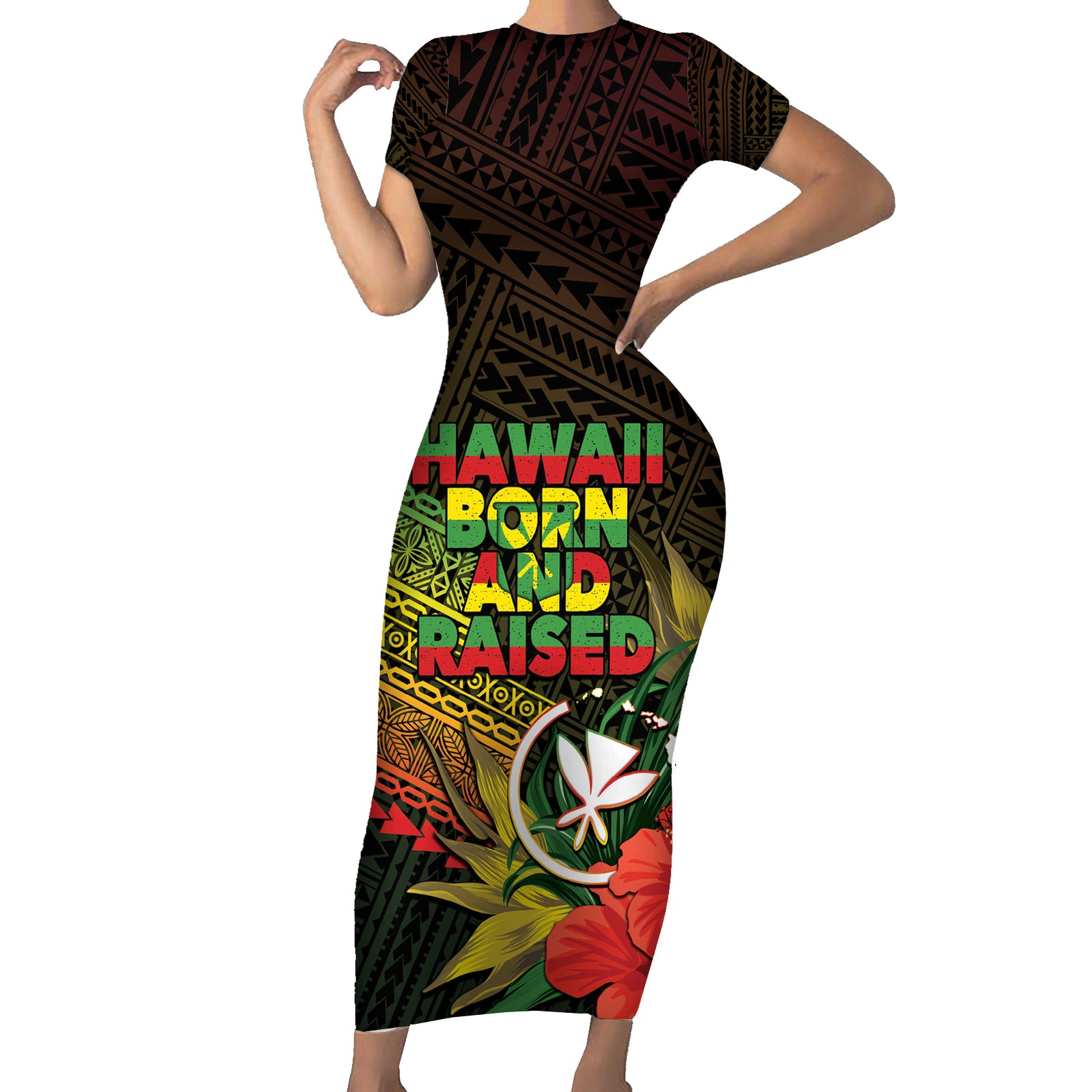 Personalized Hawaii Born and Raised Short Sleeve Bodycon Dress Kanaka Maoli Flag Day LT05 Long Dress Reggae - Polynesian Pride