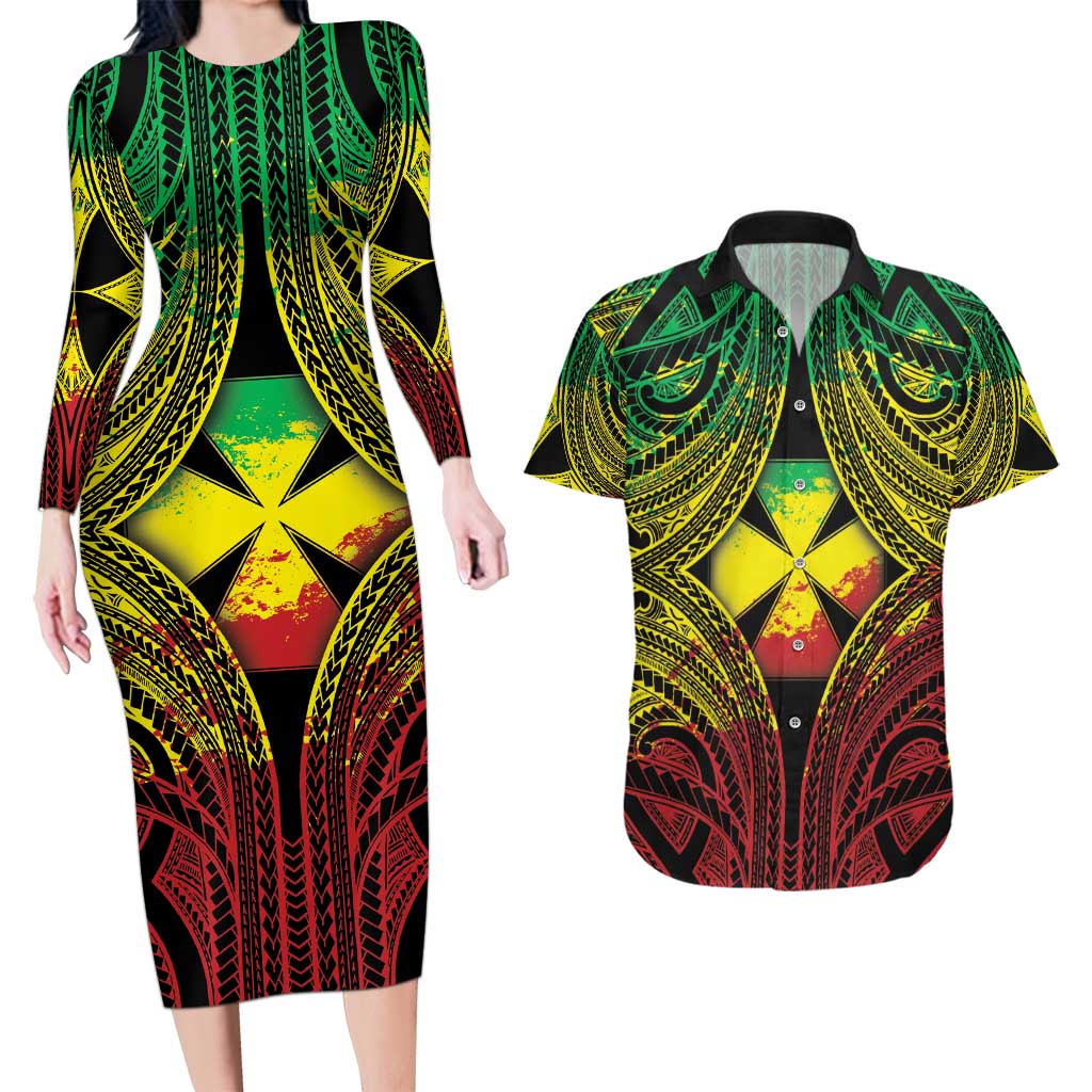 Personalised Wallis and Futuna Territory Day Couples Matching Long Sleeve Bodycon Dress and Hawaiian Shirt Polynesian Pattern Simple Style