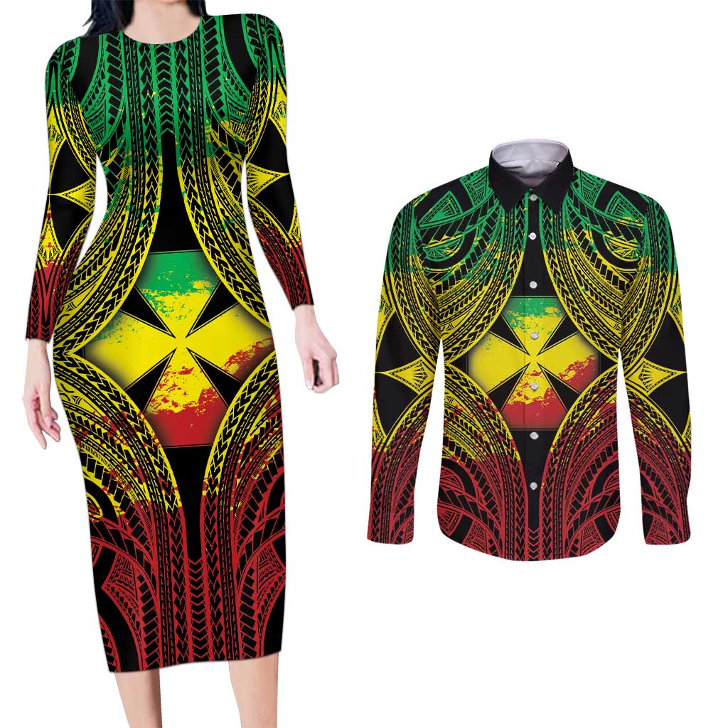 Personalised Wallis and Futuna Territory Day Couples Matching Long Sleeve Bodycon Dress and Long Sleeve Button Shirt Polynesian Pattern Simple Style