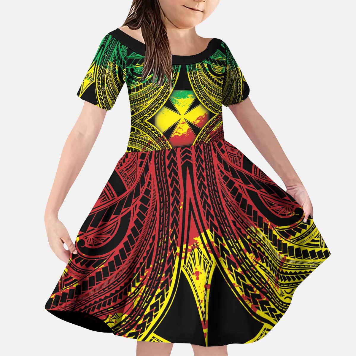 Personalised Wallis and Futuna Territory Day Kid Short Sleeve Dress Polynesian Pattern Simple Style LT05 KID Reggae - Polynesian Pride