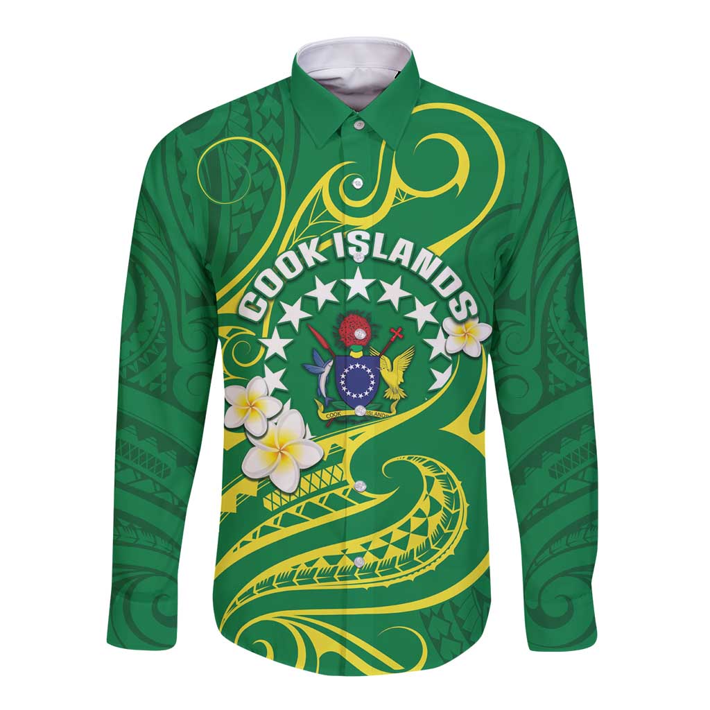 Cook Islands Happy Constitution Day Long Sleeve Button Shirt Pattern Tribal Art LT05 Unisex Green - Polynesian Pride