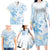 Polynesia Hammerhead Shark Family Matching Long Sleeve Bodycon Dress and Hawaiian Shirt Tropical Flowers Tribal Pattern Blue