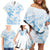 Polynesia Hammerhead Shark Family Matching Off Shoulder Short Dress and Hawaiian Shirt Tropical Flowers Tribal Pattern Blue