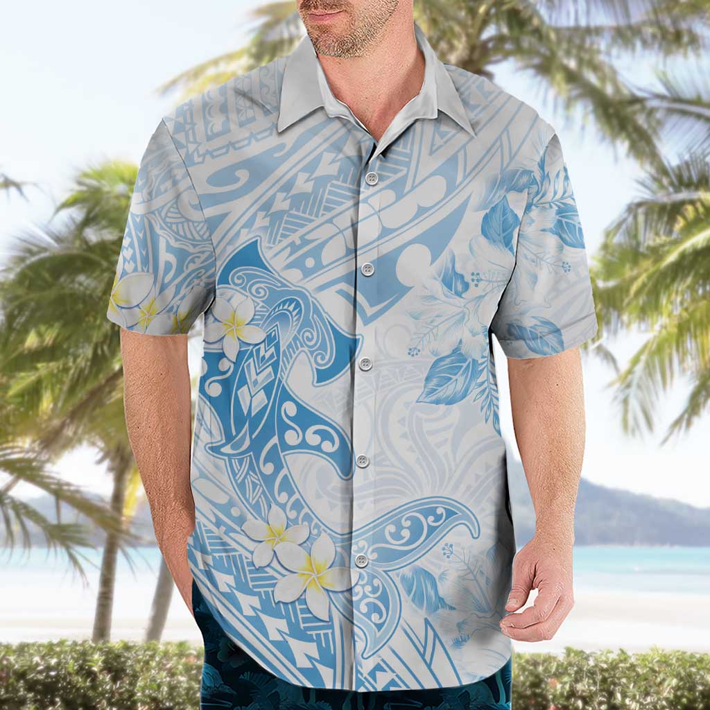 Polynesia Hammerhead Shark Hawaiian Shirt Tropical Flowers Tribal Pattern Blue LT05 - Polynesian Pride