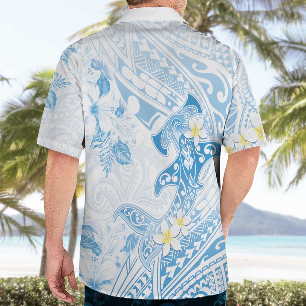 Polynesia Hammerhead Shark Hawaiian Shirt Tropical Flowers Tribal Pattern Blue LT05 - Polynesian Pride