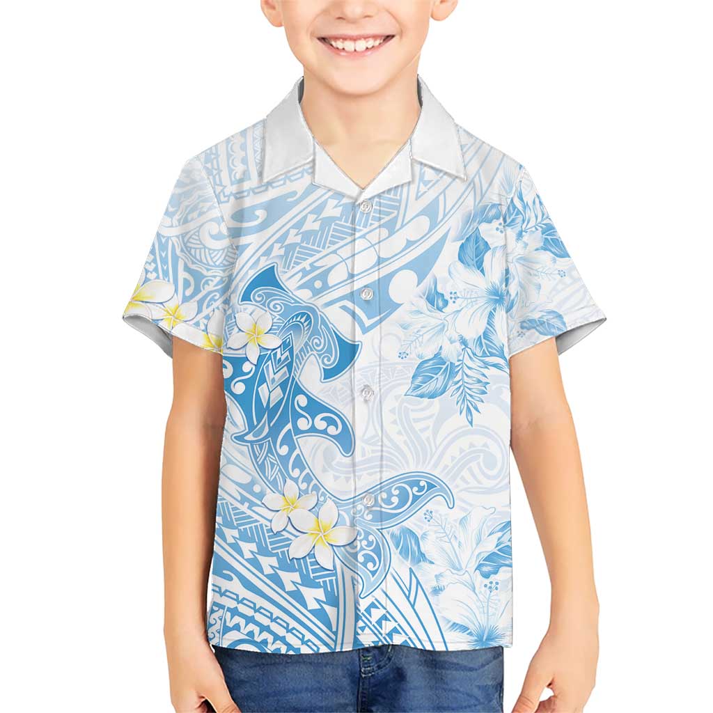 Polynesia Hammerhead Shark Hawaiian Shirt Tropical Flowers Tribal Pattern Blue LT05 - Polynesian Pride