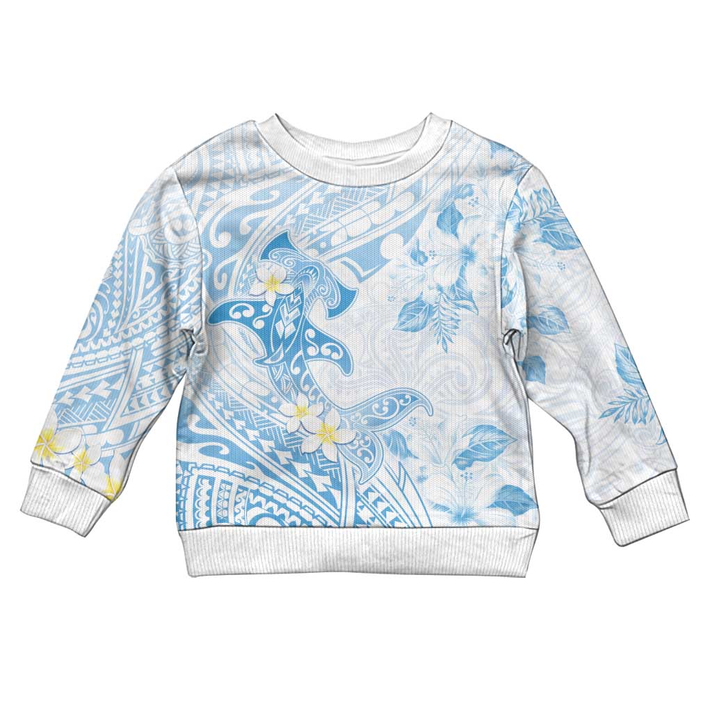 Polynesia Hammerhead Shark Kid Ugly Christmas Sweater Tropical Flowers Tribal Pattern Blue LT05 Kid Blue - Polynesian Pride