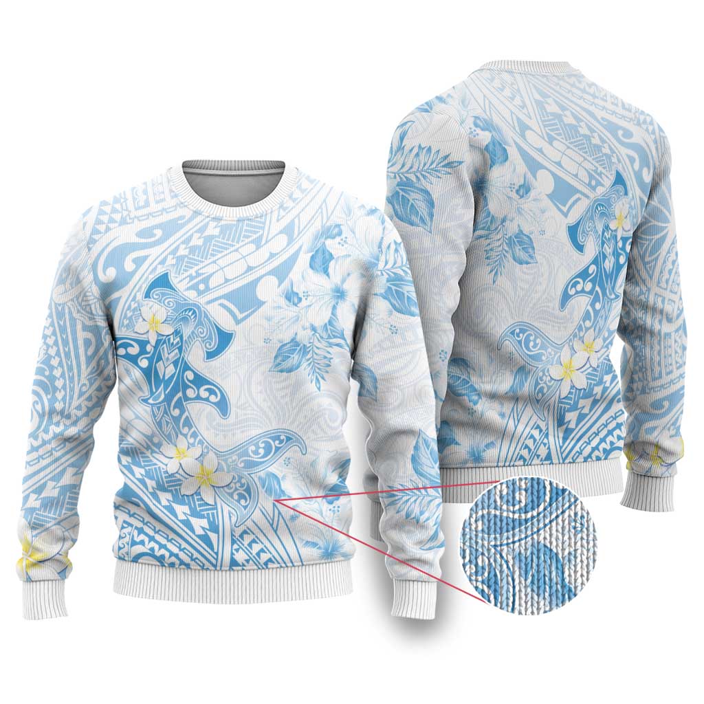 Polynesia Hammerhead Shark Ugly Christmas Sweater Tropical Flowers Tribal Pattern Blue LT05 Blue - Polynesian Pride