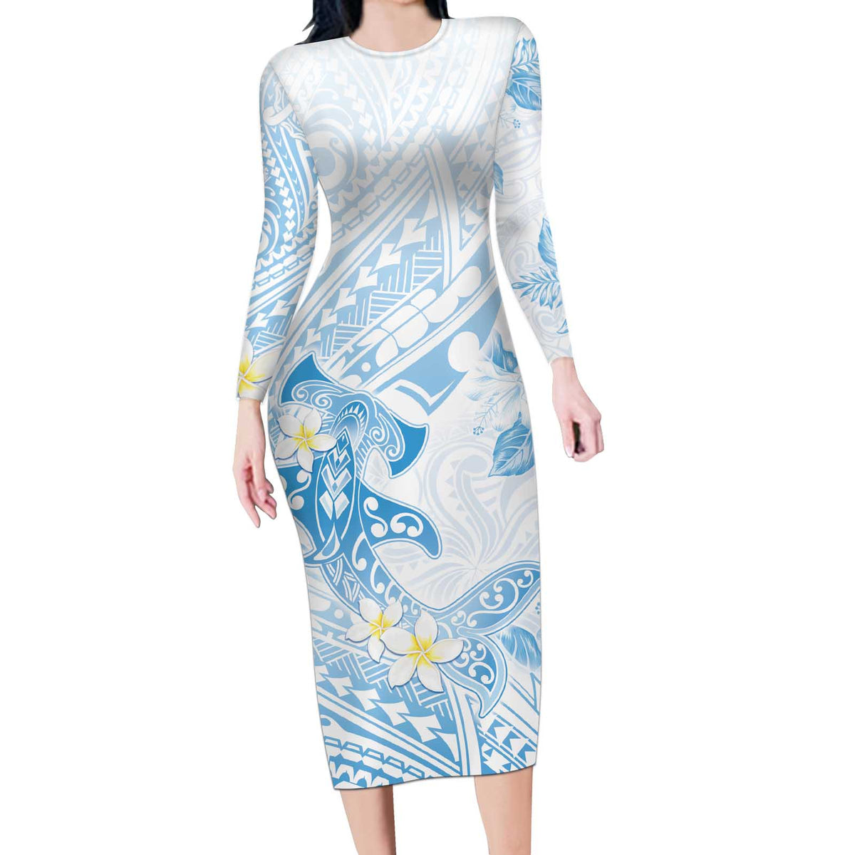 Polynesia Hammerhead Shark Long Sleeve Bodycon Dress Tropical Flowers Tribal Pattern Blue LT05 Long Dress Blue - Polynesian Pride