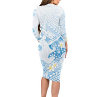 Polynesia Hammerhead Shark Long Sleeve Bodycon Dress Tropical Flowers Tribal Pattern Blue LT05 - Polynesian Pride