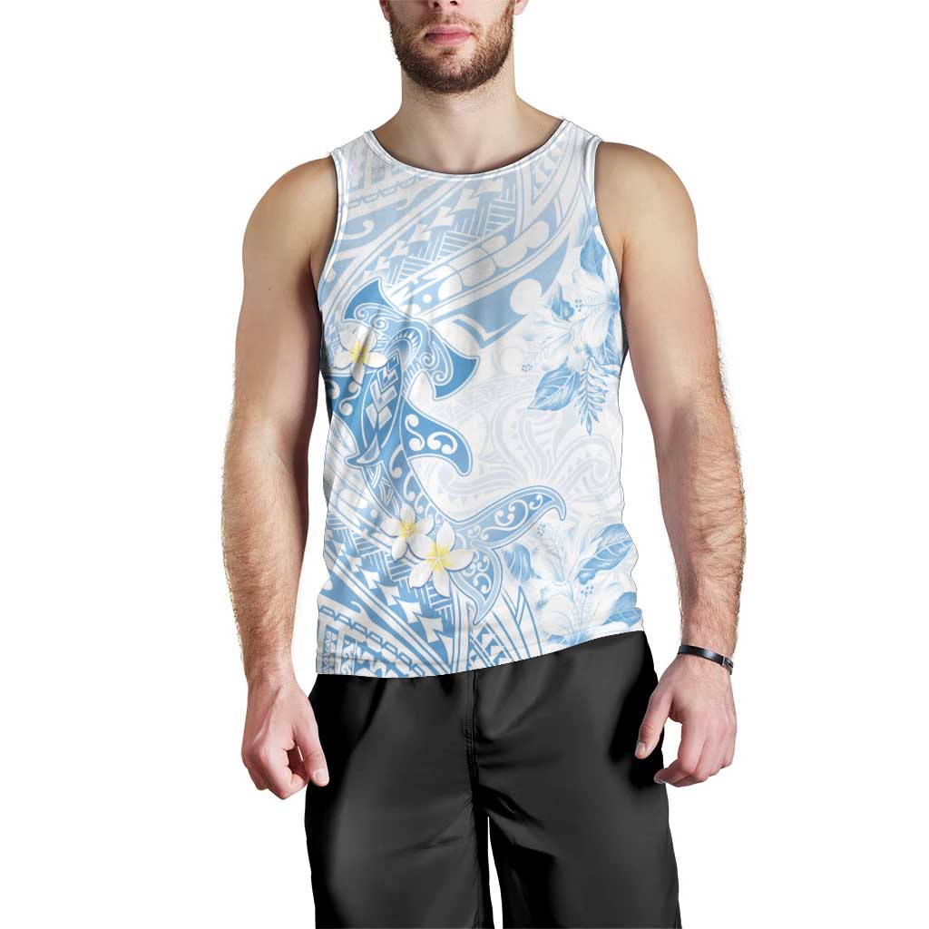 Polynesia Hammerhead Shark Men Tank Top Tropical Flowers Tribal Pattern Blue LT05 - Polynesian Pride