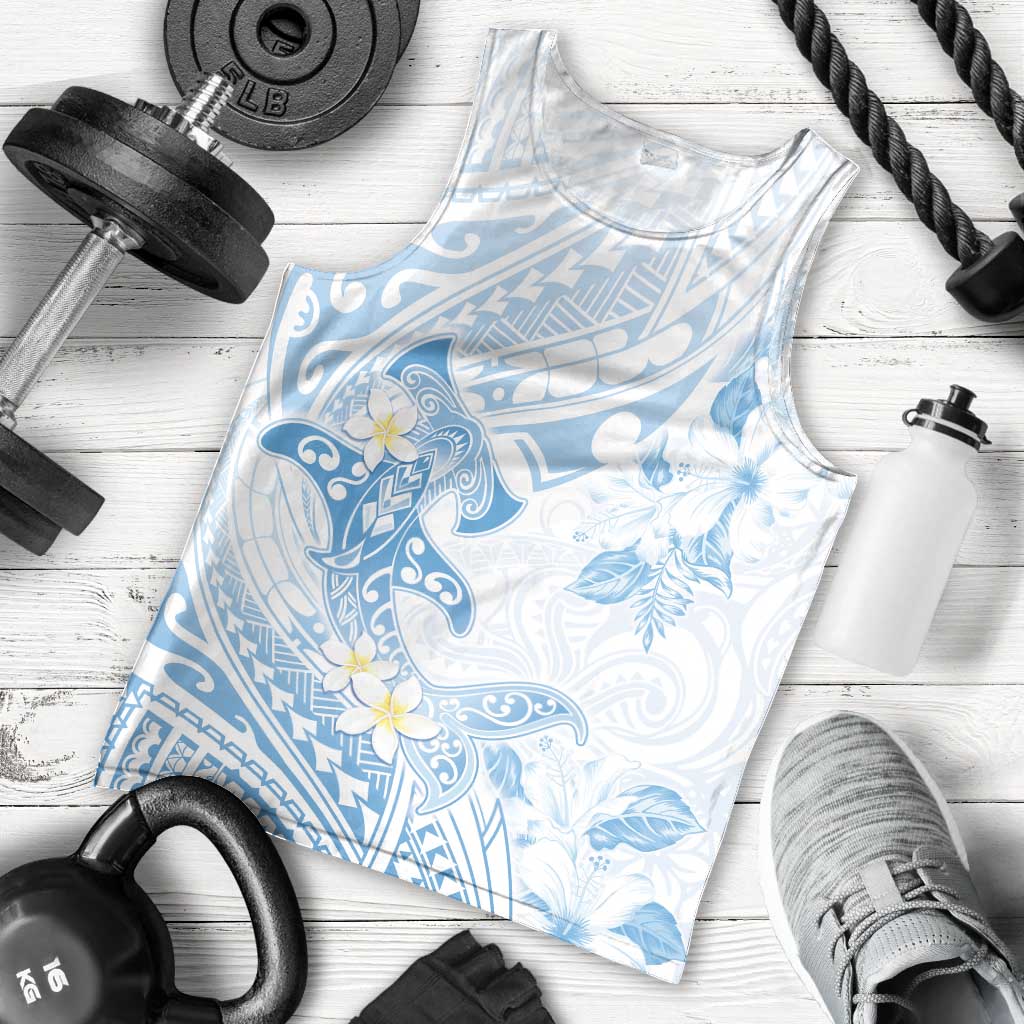 Polynesia Hammerhead Shark Men Tank Top Tropical Flowers Tribal Pattern Blue LT05 - Polynesian Pride
