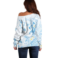 Polynesia Hammerhead Shark Off Shoulder Sweater Tropical Flowers Tribal Pattern Blue LT05 - Polynesian Pride
