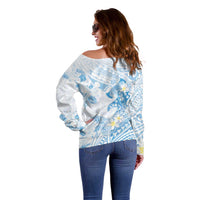 Polynesia Hammerhead Shark Off Shoulder Sweater Tropical Flowers Tribal Pattern Blue LT05 - Polynesian Pride