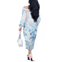 Polynesia Hammerhead Shark Off The Shoulder Long Sleeve Dress Tropical Flowers Tribal Pattern Blue LT05 - Polynesian Pride