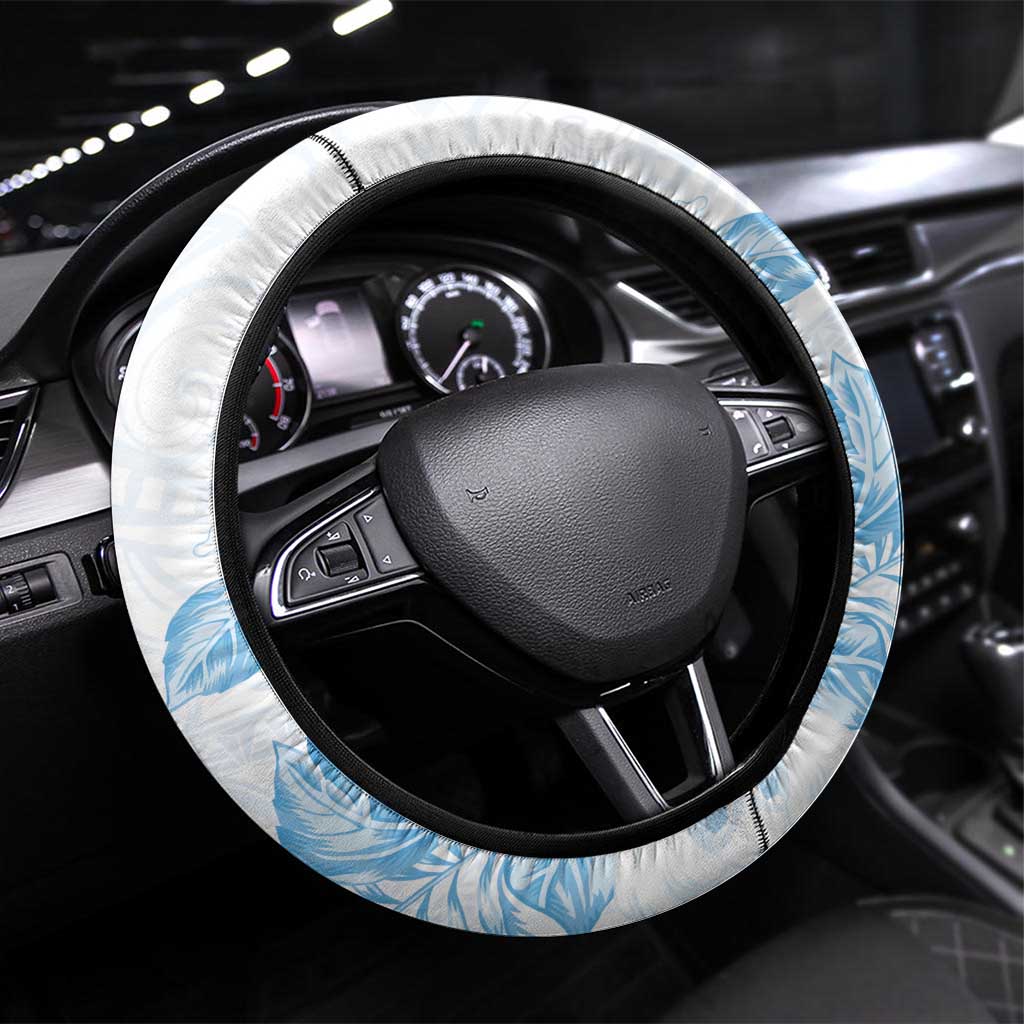 Polynesia Hammerhead Shark Steering Wheel Cover Tropical Flowers Tribal Pattern Blue