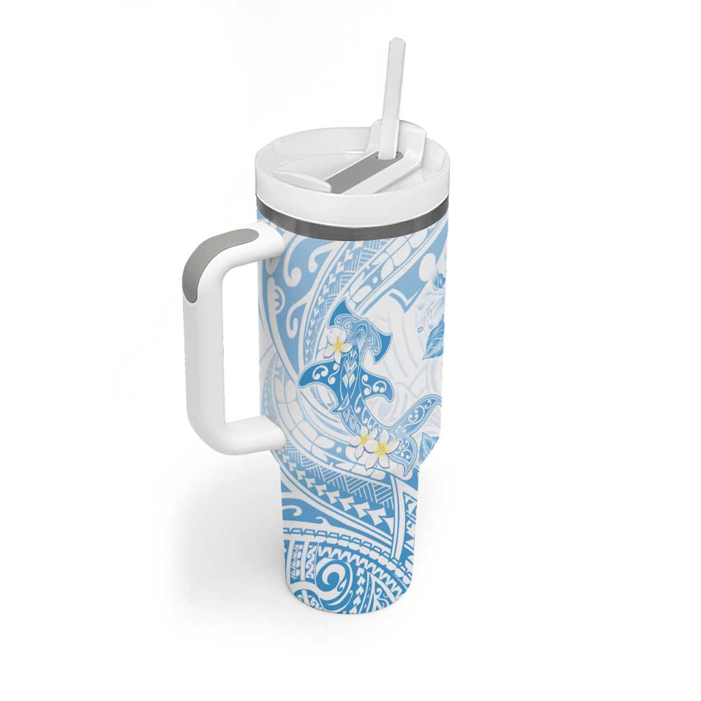 Polynesia Hammerhead Shark Tumbler With Handle Tropical Flowers Tribal Pattern Blue LT05 - Polynesian Pride