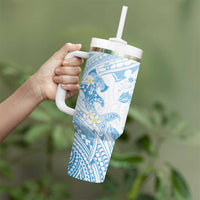 Polynesia Hammerhead Shark Tumbler With Handle Tropical Flowers Tribal Pattern Blue LT05 - Polynesian Pride