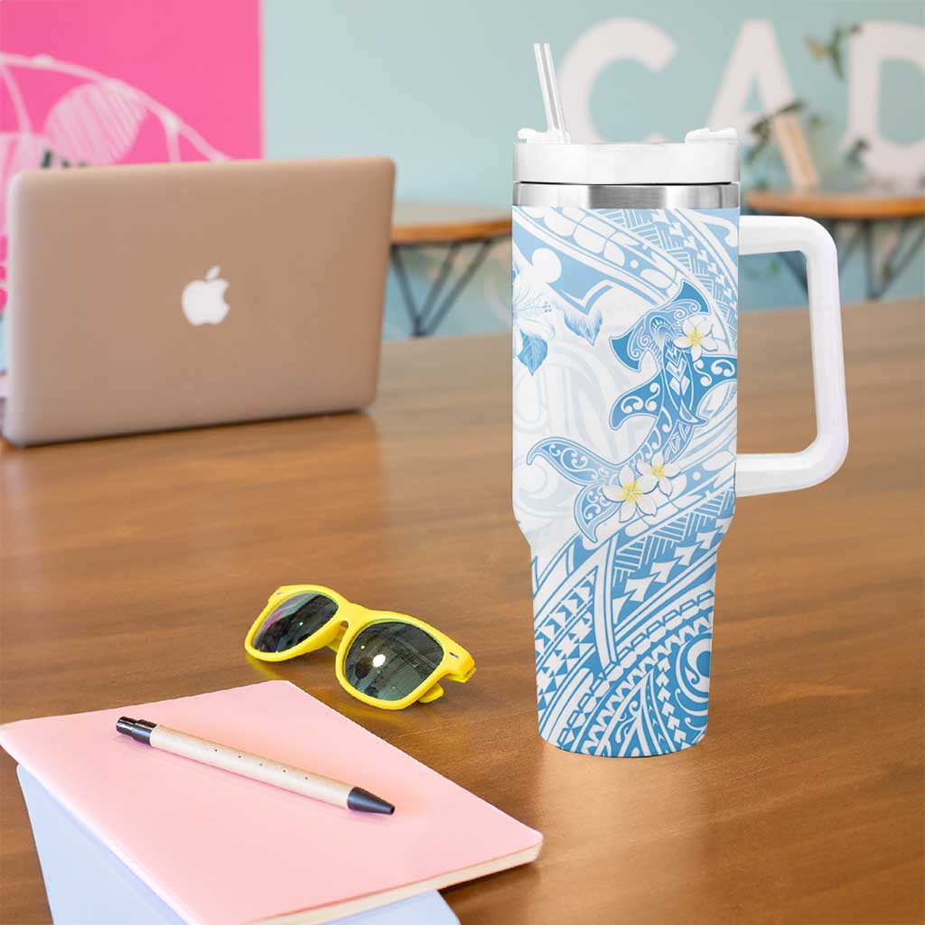 Polynesia Hammerhead Shark Tumbler With Handle Tropical Flowers Tribal Pattern Blue LT05 - Polynesian Pride