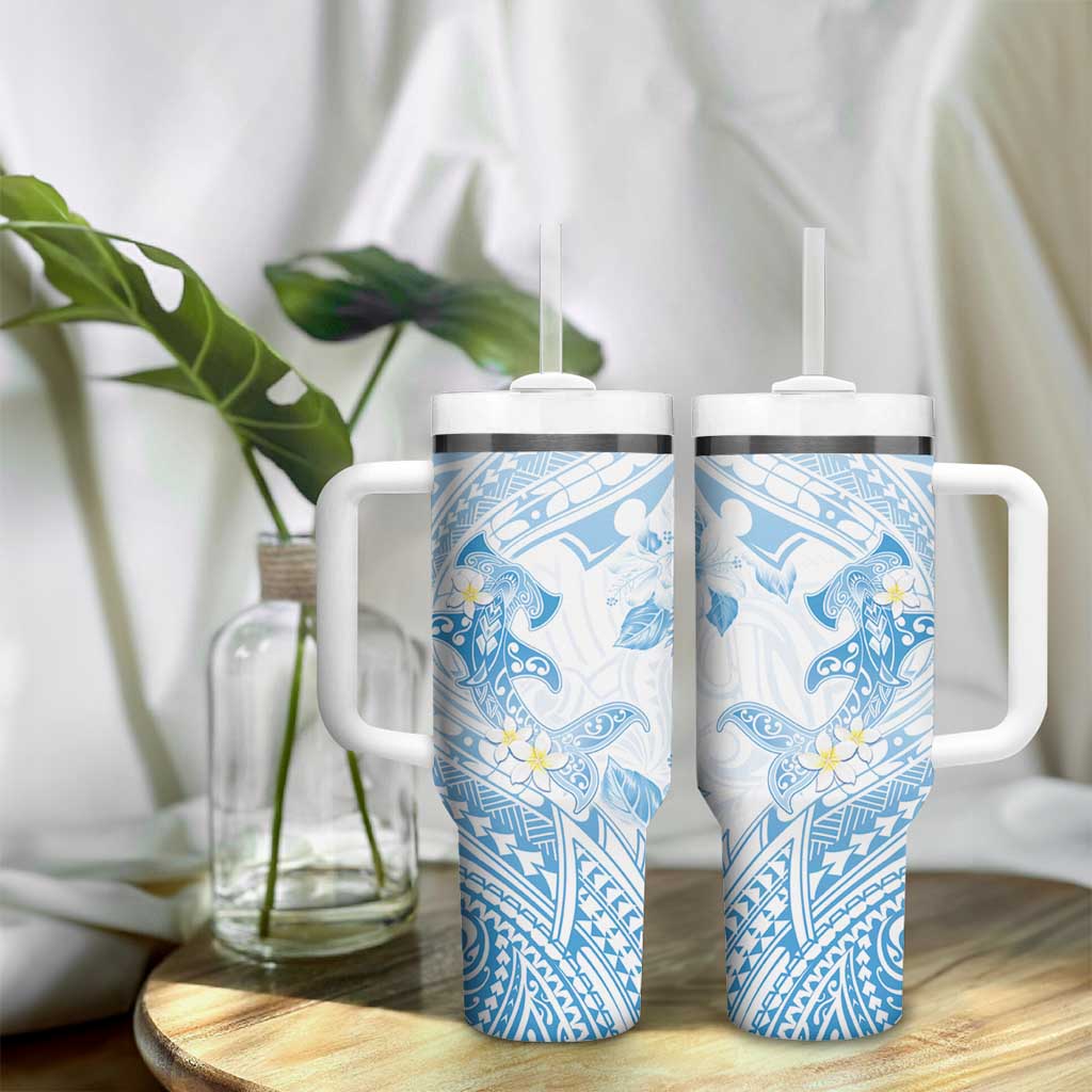 Polynesia Hammerhead Shark Tumbler With Handle Tropical Flowers Tribal Pattern Blue LT05 - Polynesian Pride