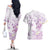 Polynesia Hammerhead Shark Couples Matching Off The Shoulder Long Sleeve Dress and Hawaiian Shirt Tropical Flowers Tribal Pattern Lavender