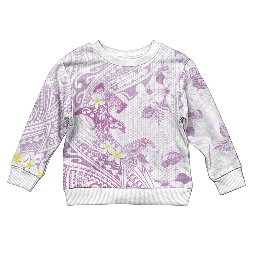 Polynesia Hammerhead Shark Kid Ugly Christmas Sweater Tropical Flowers Tribal Pattern Lavender LT05 Kid Purple - Polynesian Pride