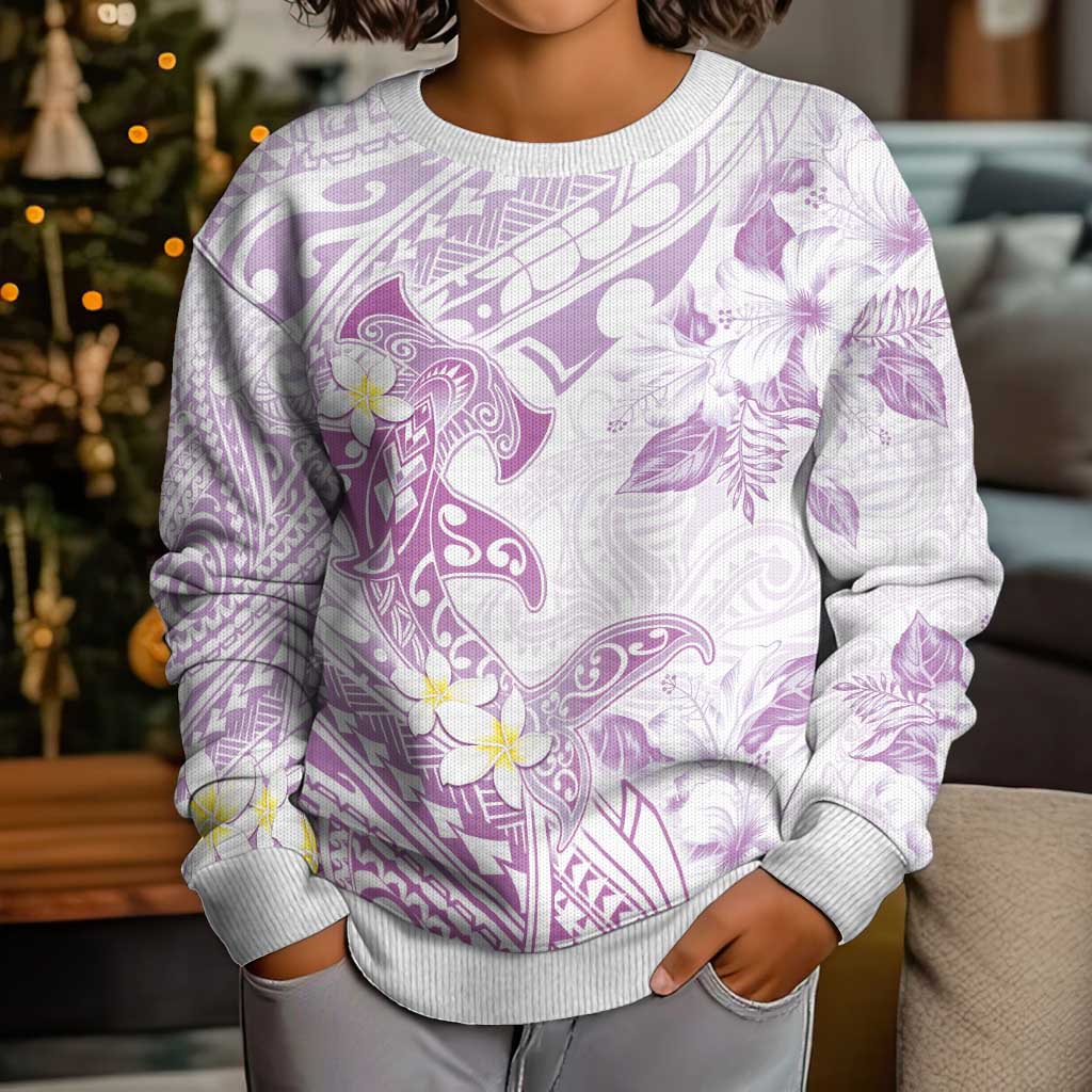 Polynesia Hammerhead Shark Kid Ugly Christmas Sweater Tropical Flowers Tribal Pattern Lavender LT05 - Polynesian Pride