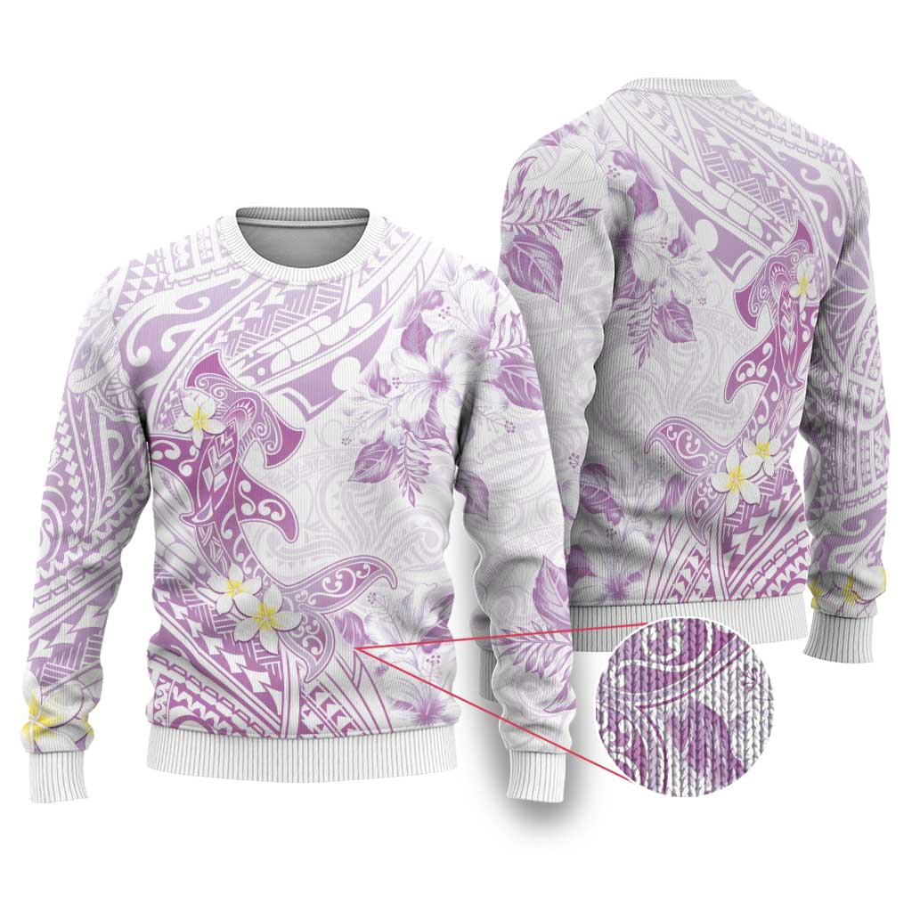 Polynesia Hammerhead Shark Ugly Christmas Sweater Tropical Flowers Tribal Pattern Lavender LT05 Purple - Polynesian Pride