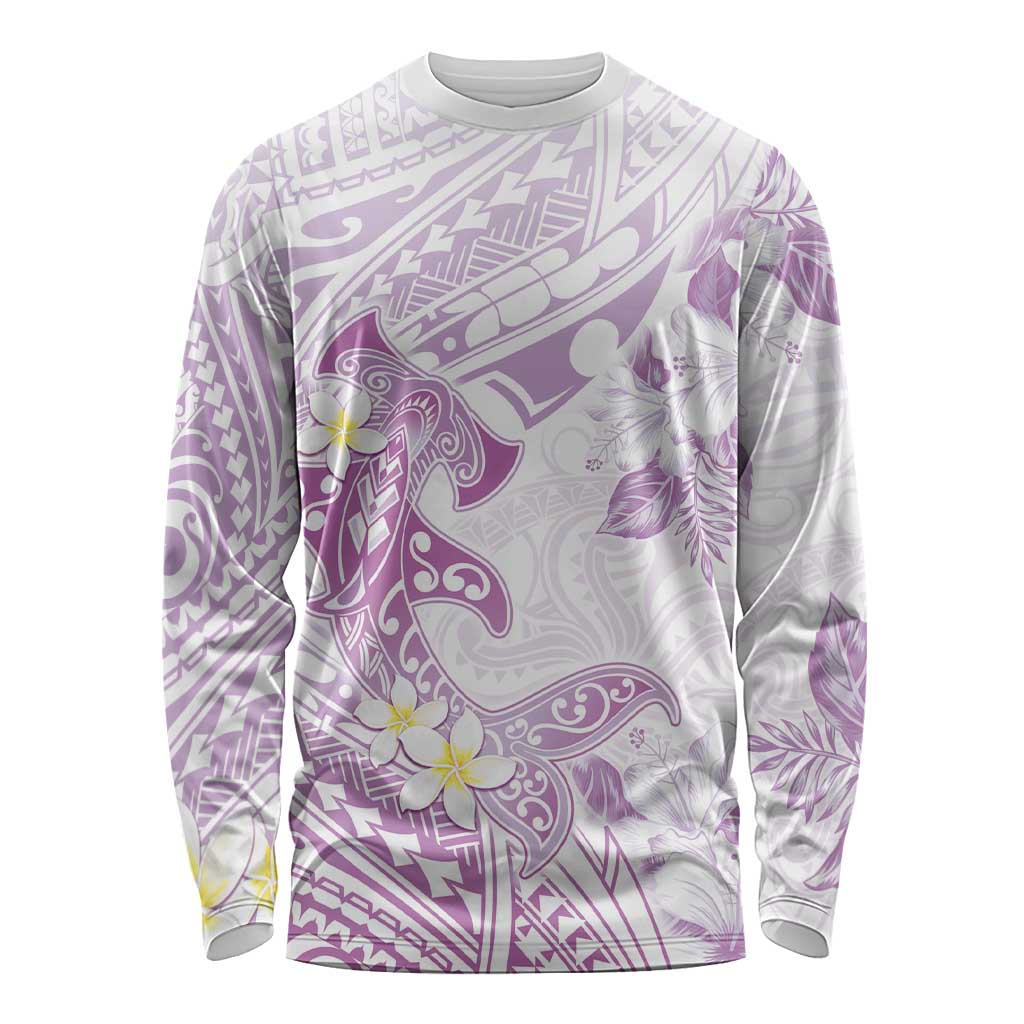 Polynesia Hammerhead Shark Long Sleeve Shirt Tropical Flowers Tribal Pattern Lavender LT05 Unisex Purple - Polynesian Pride