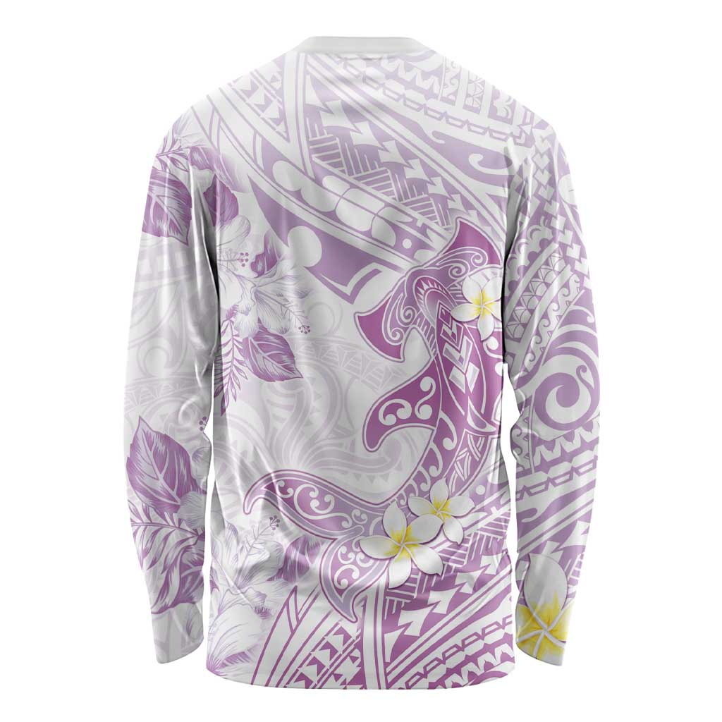Polynesia Hammerhead Shark Long Sleeve Shirt Tropical Flowers Tribal Pattern Lavender LT05 - Polynesian Pride
