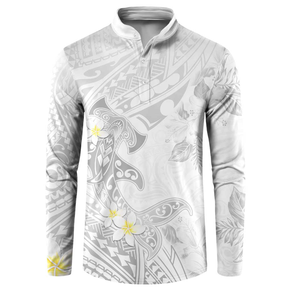 Polynesia Hammerhead Shark Button Sweatshirt Tropical Flowers Tribal Pattern White LT05 White - Polynesian Pride