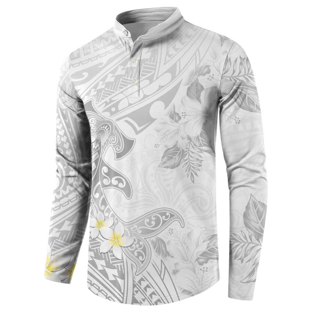 Polynesia Hammerhead Shark Button Sweatshirt Tropical Flowers Tribal Pattern White LT05 - Polynesian Pride
