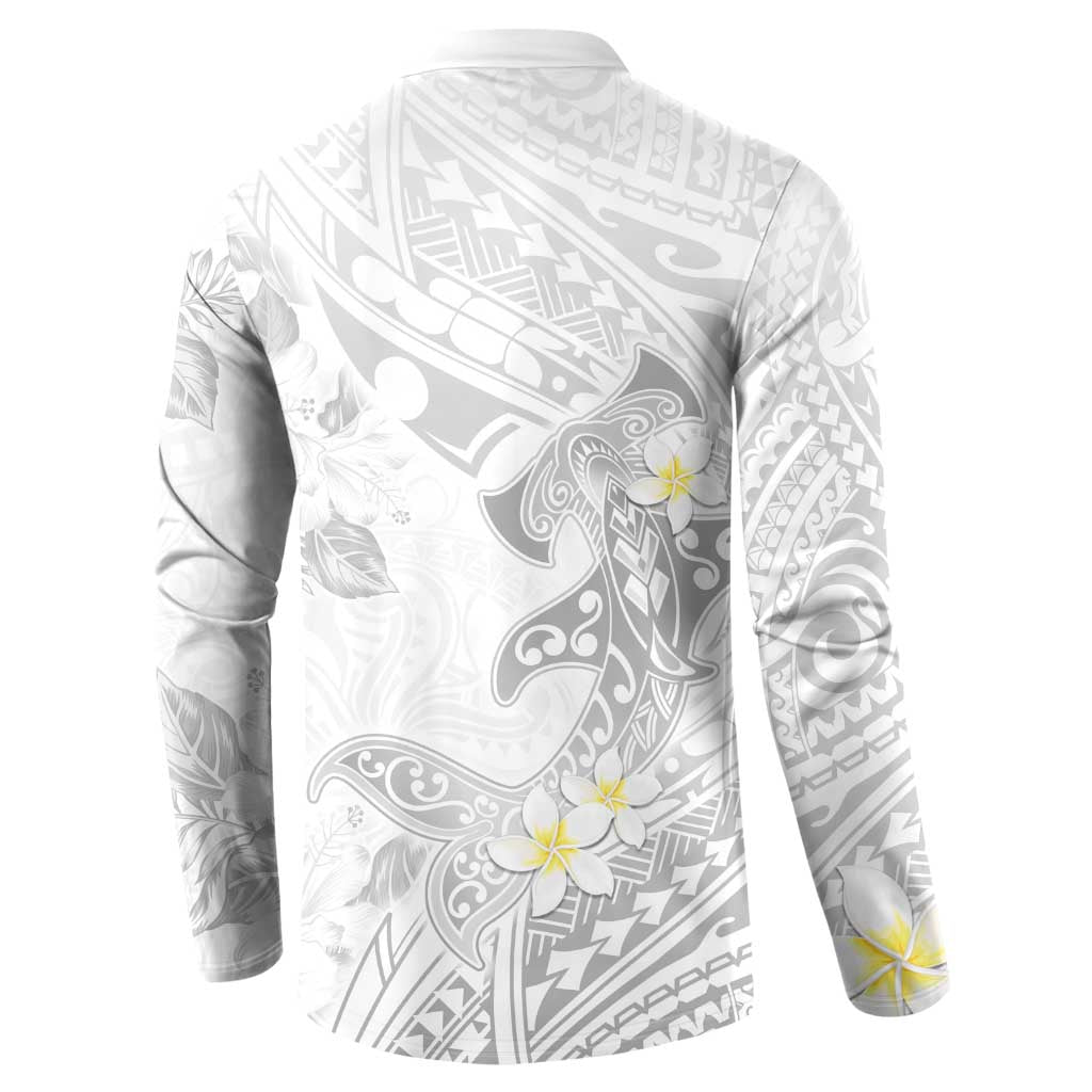 Polynesia Hammerhead Shark Button Sweatshirt Tropical Flowers Tribal Pattern White LT05 - Polynesian Pride