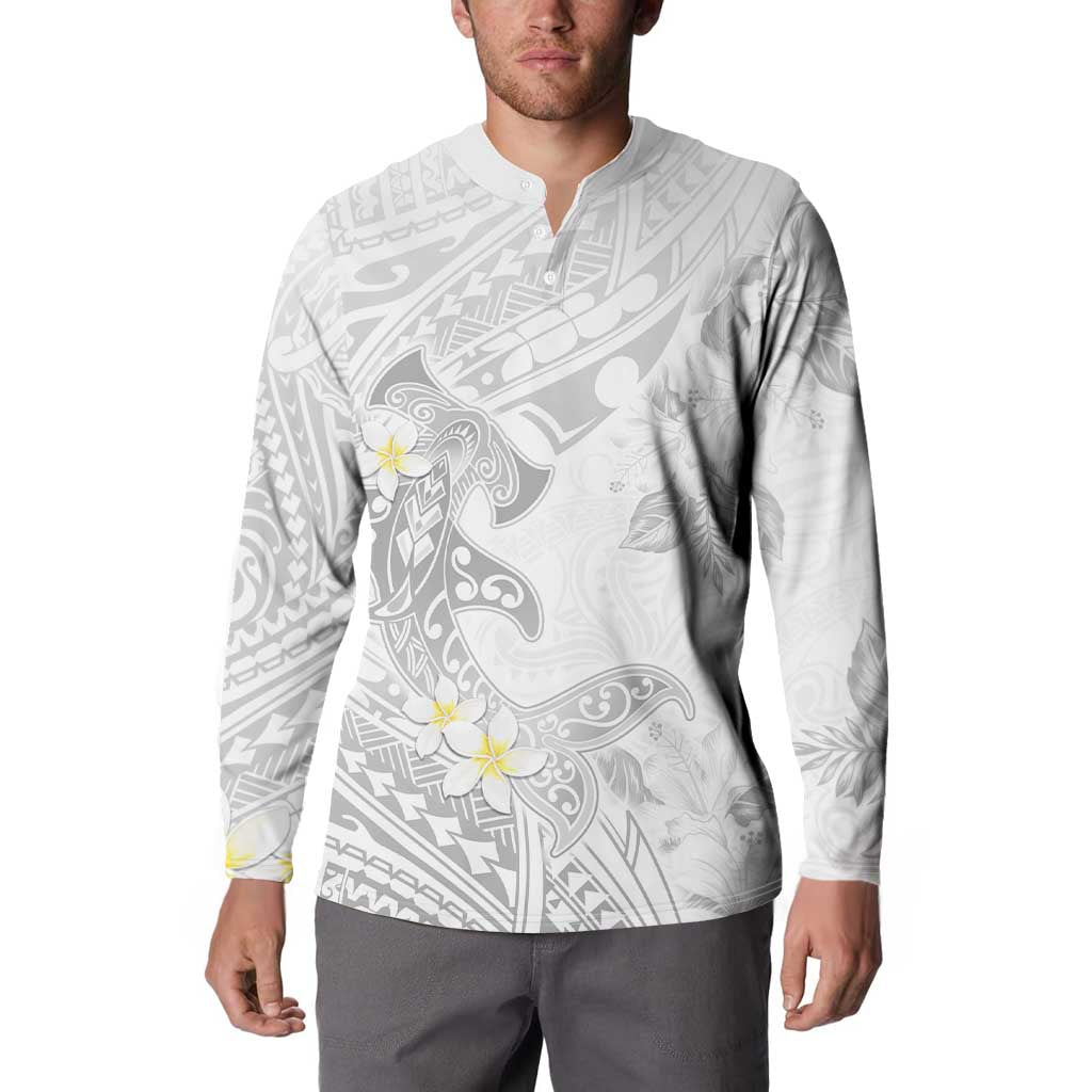 Polynesia Hammerhead Shark Button Sweatshirt Tropical Flowers Tribal Pattern White LT05 - Polynesian Pride